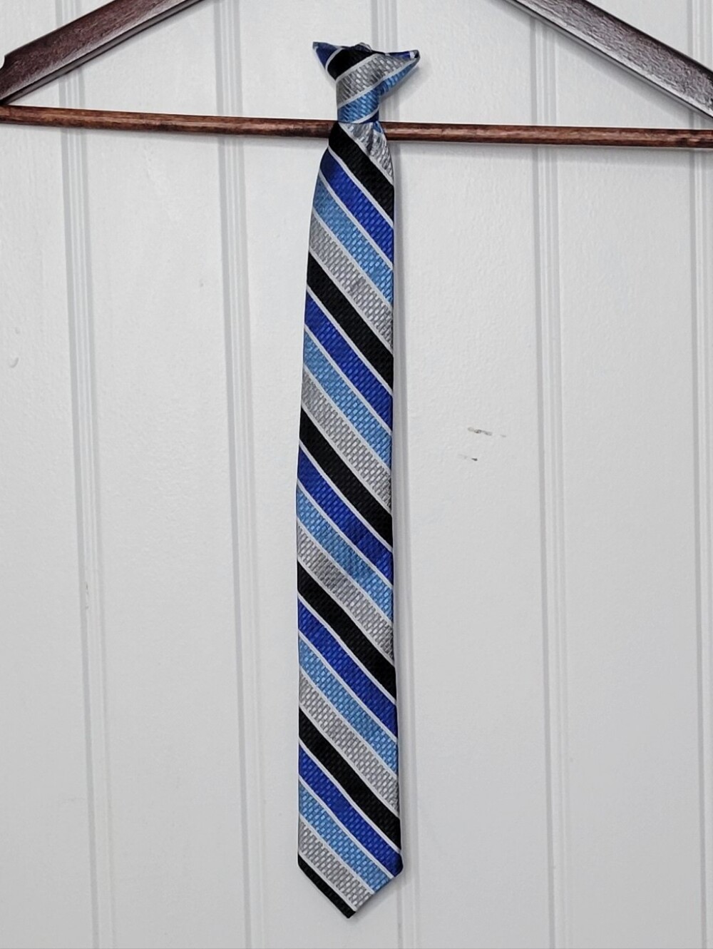 Blue and Gray Striped Clip On Tie  Classic Formal Accessory